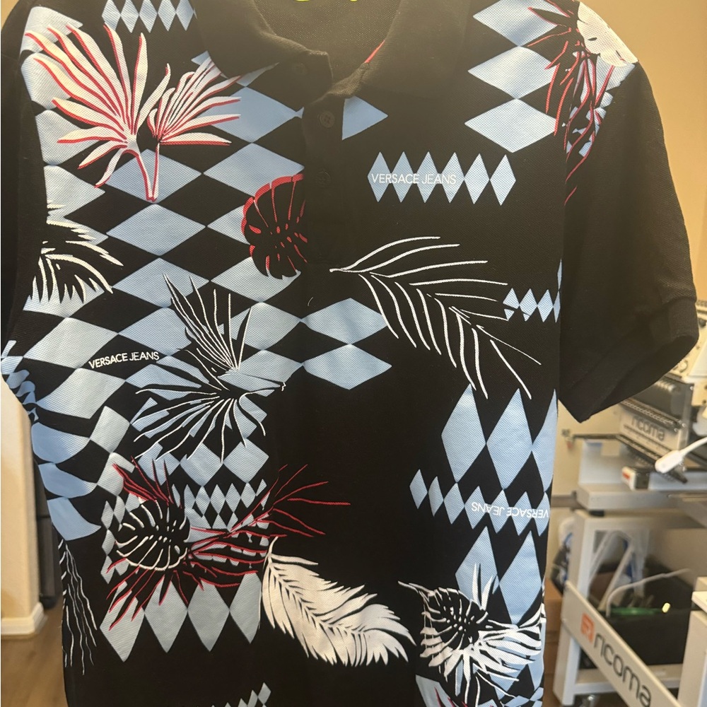 Versace Jeans Black Polo with Red and Blue Pattern